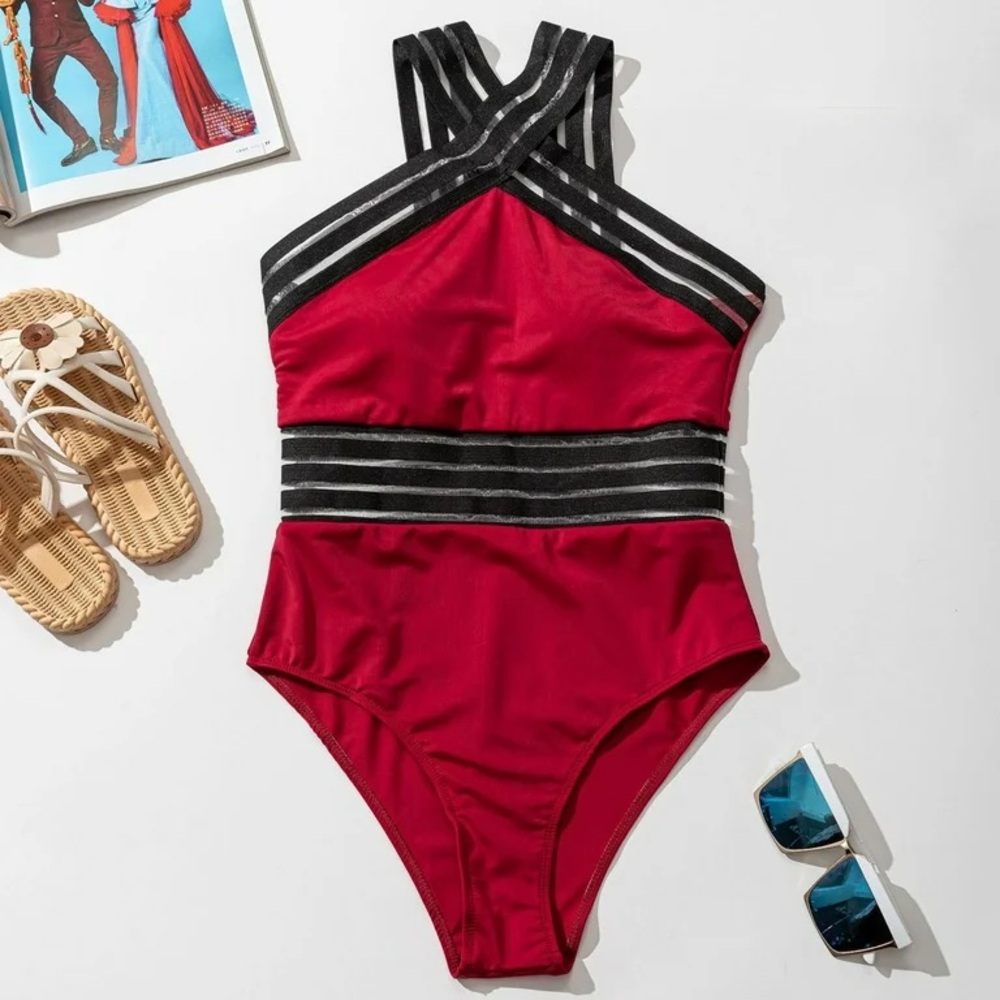 Stylish Burgundy and Black Women’s Swimsuit XL new One-piece Swim suit